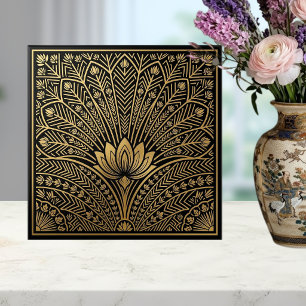Azulejo De Cerâmica Art Déco Lótus Dourado Padrão Geométrico Preto