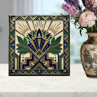 Azulejo De Cerâmica Art Deco Lótus Floral Azul Naval Dourado Verde Pad