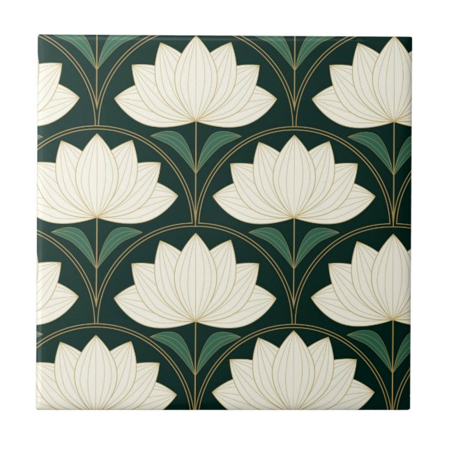 Azulejo De Cerâmica Art Deco Lotus Flowers em Ouros (Frente)