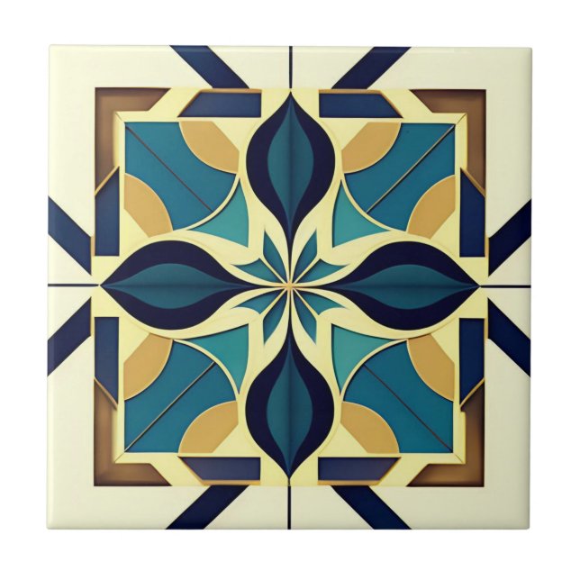 Azulejo De Cerâmica Art Deco Marinho Floral (Frente)
