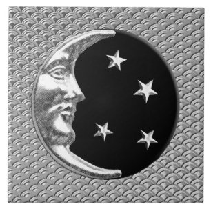 Azulejo De Cerâmica Art Deco Moon e estrelas - Black and Silver