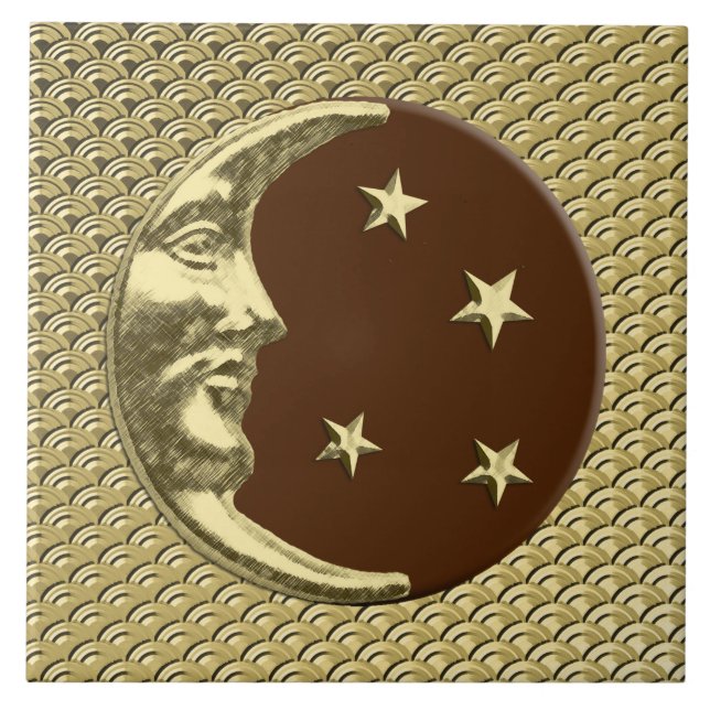 Azulejo De Cerâmica Art Deco Moon e estrelas - Chocolate Castanho e Do (Frente)