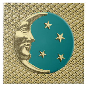 Azulejo De Cerâmica Art Deco Moon e estrelas - Teal e Dourado