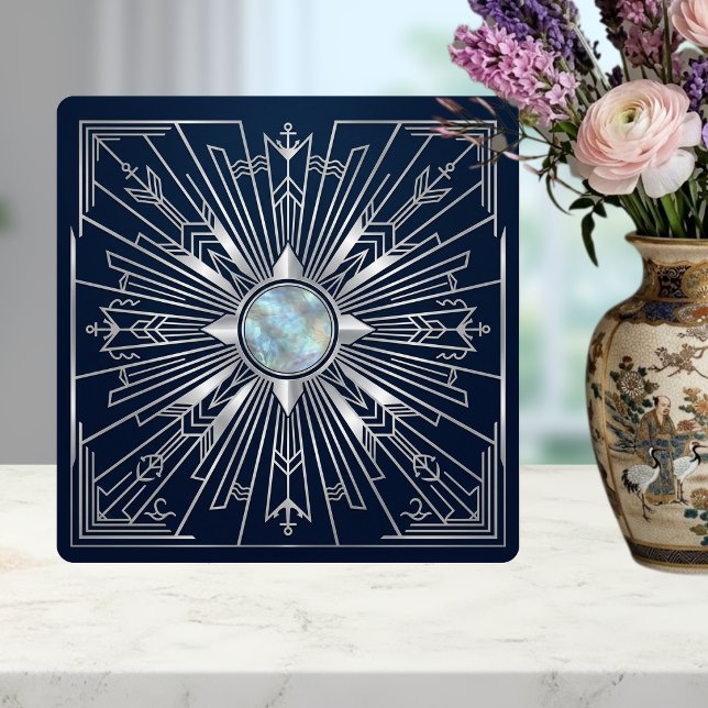 Azulejo De Cerâmica Art Deco Nautical Sunburst Navy Silver Ceramic  (Criador carregado)