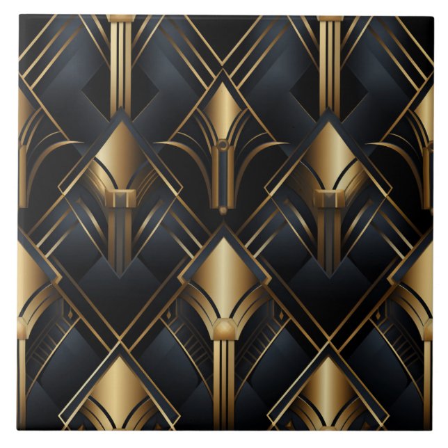 Azulejo De Cerâmica Art Deco Padrão, Efeito metálico, preto e ouro (Frente)
