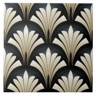 Azulejo De Cerâmica Art Deco Padrão, Folhas Negras e Beiges