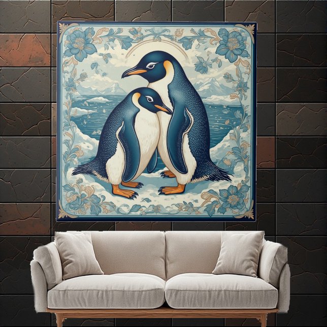 Azulejo De Cerâmica Art Deco Penguin Ice Bird Couple Snow Ocean Floral (Art Deco Penguin Ice Bird Couple Snow Ocean Floral Ceramic Tile)