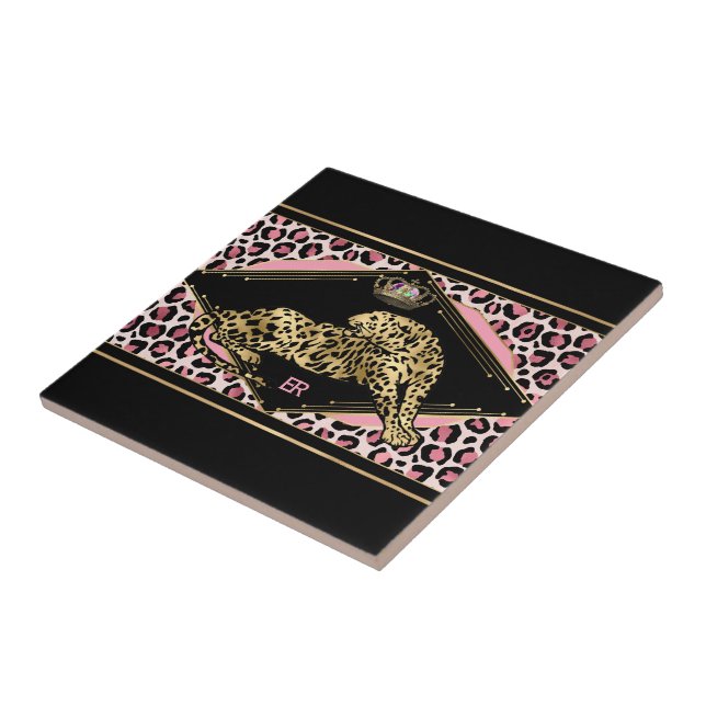 Azulejo De Cerâmica Art Deco Pink e Dourado Leopardo (Lateral)