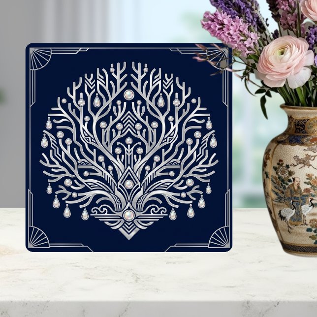 Azulejo De Cerâmica Art Deco Prata Árvore Pérolas Azul Marinho (Criador carregado)