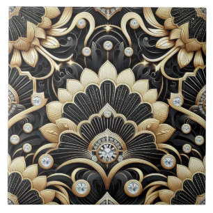 Azulejo de Cerâmica Art Déco Preto e Dourado de Lu