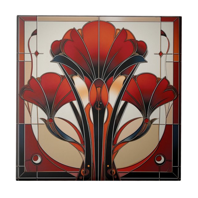Azulejo De Cerâmica Art Deco Red Black White Abstract  Floral   (Frente)