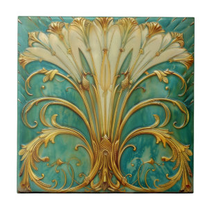 Azulejo De Cerâmica Art Deco Retro Dourado Turquesa Flor de Trombeta