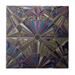 Azulejo De Cerâmica Art Deco Roxo Dourado Explosão de Sol