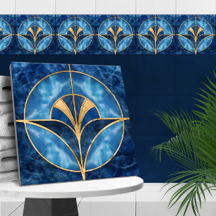 Azulejo De Cerâmica Art Deco Shell - Marble Azul e Dourado