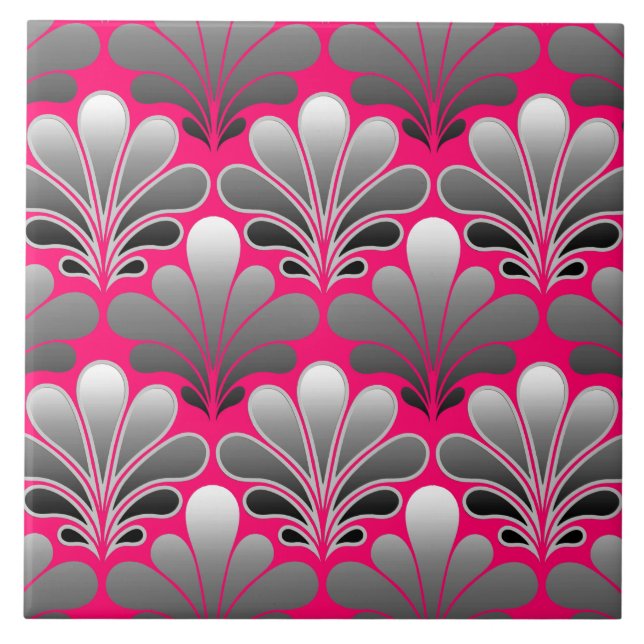 Azulejo De Cerâmica Art Deco Shell Pattern, Cinzas e Fuchsia Pink (Frente)