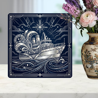 Azulejo De Cerâmica Art Deco Silver  boat Ocean Waves Starry Night
