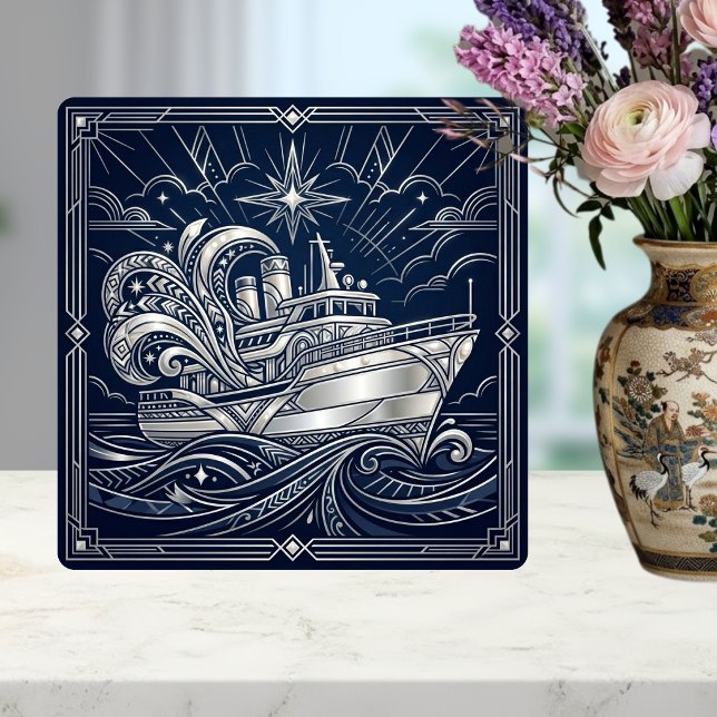 Azulejo De Cerâmica Art Deco Silver  boat Ocean Waves Starry Night (Criador carregado)