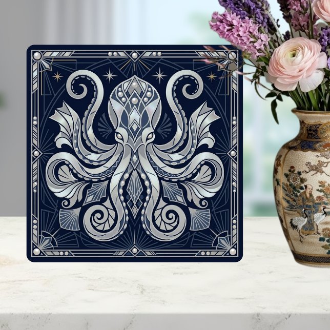 Azulejo De Cerâmica Art Deco Silver Octopus Mandala  Kraken  (Criador carregado)
