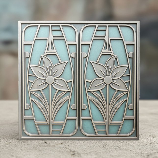 Azulejo De Cerâmica Art Deco Stylized Lily Floral #10 Teal ID1196 (Criador carregado)