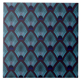 Azulejo De Cerâmica Art Deco Sunburst Fan em Azul Metálico