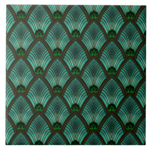 Azulejo De Cerâmica Art Deco Sunburst Fan em Verde Metálico