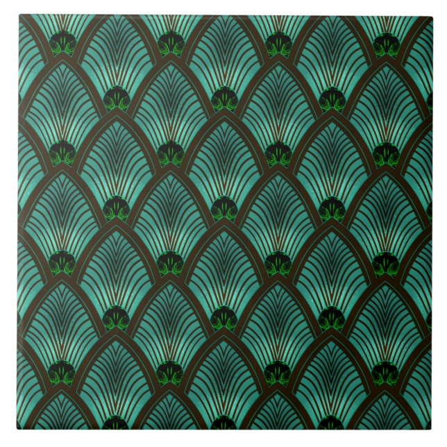 Azulejo De Cerâmica Art Deco Sunburst Fan em Verde Metálico (Frente)