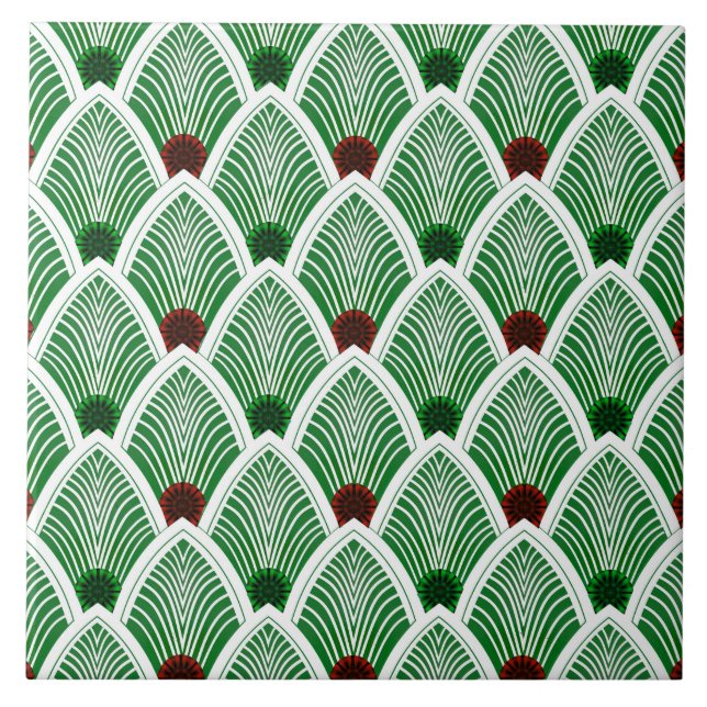 Azulejo De Cerâmica Art Deco Sunburst Fan in Cool Summer Green (Frente)
