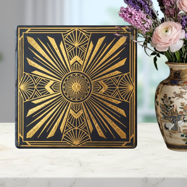 Azulejo De Cerâmica Art Deco Sunburst Gold Black Geometric Design (Criador carregado)