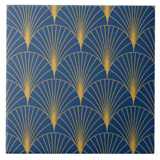 Azulejo De Cerâmica Art Deco Ventoinhas Geométricas Douradas em Azul M