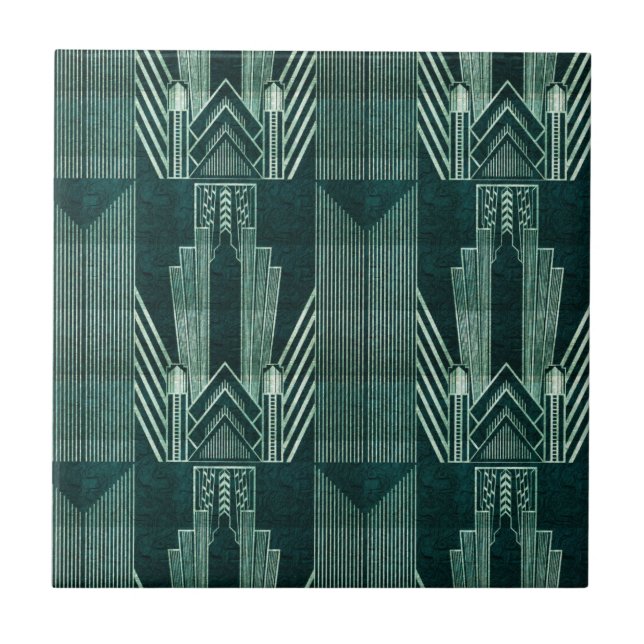 Azulejo De Cerâmica Art deco, Verde, preto, padrão, art nouveau, vinta (Frente)