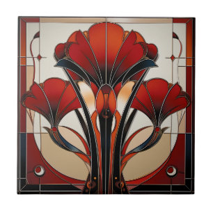 Azulejo De Cerâmica Art Deco Vermelho Preto Branco Floral Abstrato