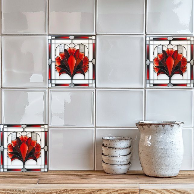 Azulejo De Cerâmica Art Deco Vidro Espalhado Vermelho Floral Branco (Criador carregado)