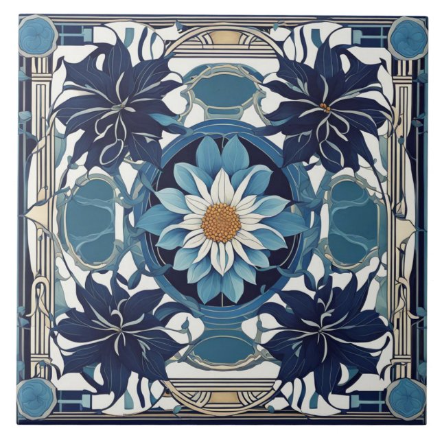 Azulejo De Cerâmica Art Deco White Daisy Flower Art Nouveau Blue (Frente)