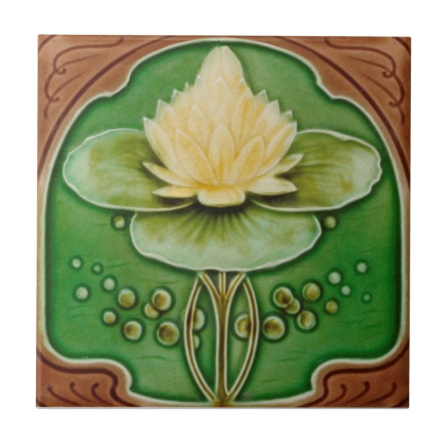 Azulejo De Cerâmica Art Nouveau Água Lily Antiquada Reprodução (Frente)