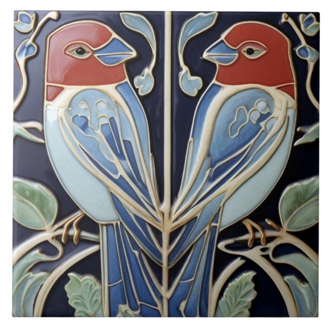 Azulejo De Cerâmica Art Nouveau Art Deco Birds - Azul Vermelho (Frente)