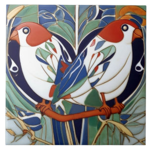 Azulejo De Cerâmica Art Nouveau Art Deco Birds em Vermelho Branco Azul