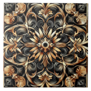 Azulejo De Cerâmica Art Nouveau / Art Deco Elegante Preto e Dourado