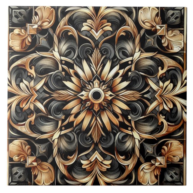 Azulejo De Cerâmica Art Nouveau / Art Deco Elegante Preto e Dourado (Frente)