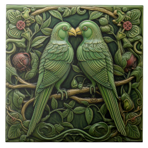 Azulejo De Cerâmica Art Nouveau Aves Verdes Antigas Natureza Inspirada