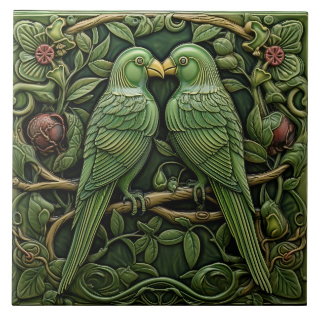 Azulejo De Cerâmica Art Nouveau Aves Verdes Antigas Natureza Inspirada (Frente)