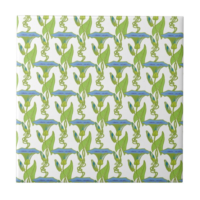 Azulejo De Cerâmica Art Nouveau azul Ipomoea floral wallpaper damask (Frente)