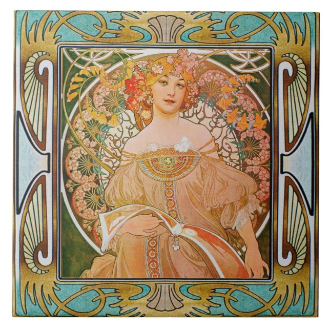Azulejo De Cerâmica Art Nouveau Azulejo cerâmico Alphose mucha Design  (Frente)