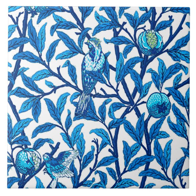 Azulejo De Cerâmica Art Nouveau Bird e Pomegranato, Cobalt Blue (Frente)