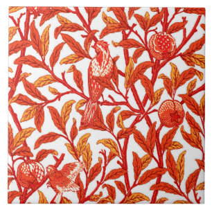 Azulejo De Cerâmica Art Nouveau Bird & Pomegranate, Mandarin Orange