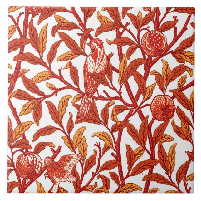 Azulejo De Cerâmica Art Nouveau Bird & Pomegranate, Mandarin Orange (Frente)