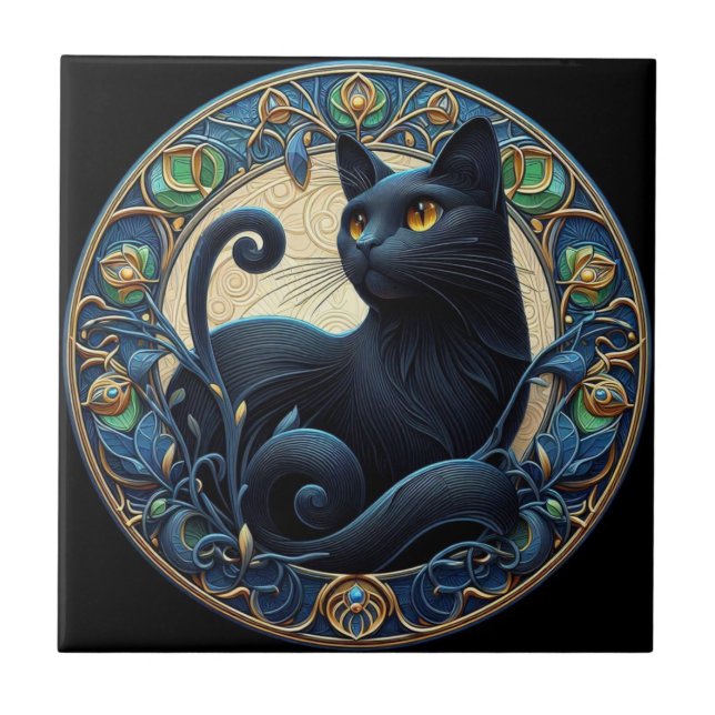 Azulejo De Cerâmica Art Nouveau Black Cat Azulejo Cerâmica (Frente)