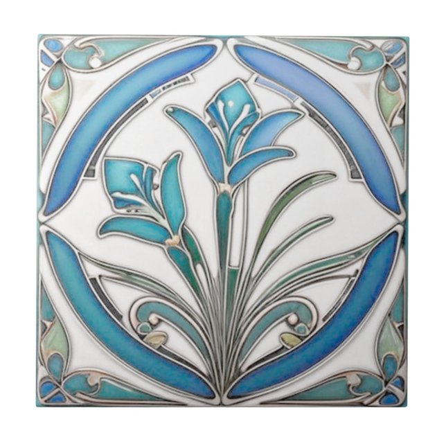 Azulejo De Cerâmica Art Nouveau Blue Estilizado Lily (Frente)