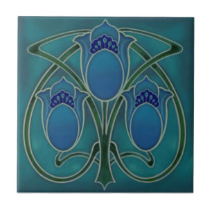 Azulejo De Cerâmica Art Nouveau Blue Tulip Trio Repro c1900
