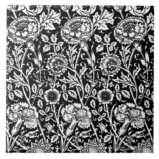 Azulejo De Cerâmica Art Nouveau Carnação Damask, Black and White (Frente)