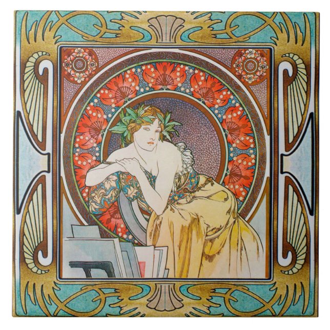 Azulejo De Cerâmica Art Nouveau Ceramic Tile Alphose mucha Design 15 (Frente)